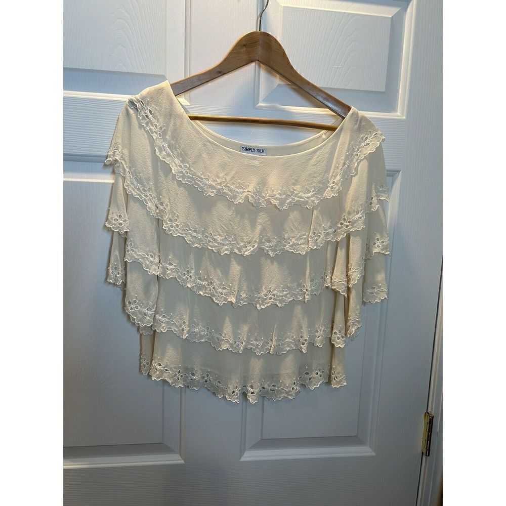 Simply Silk Ivory Tiered Ruffle 100% Silk Cropped Top Women's Medium